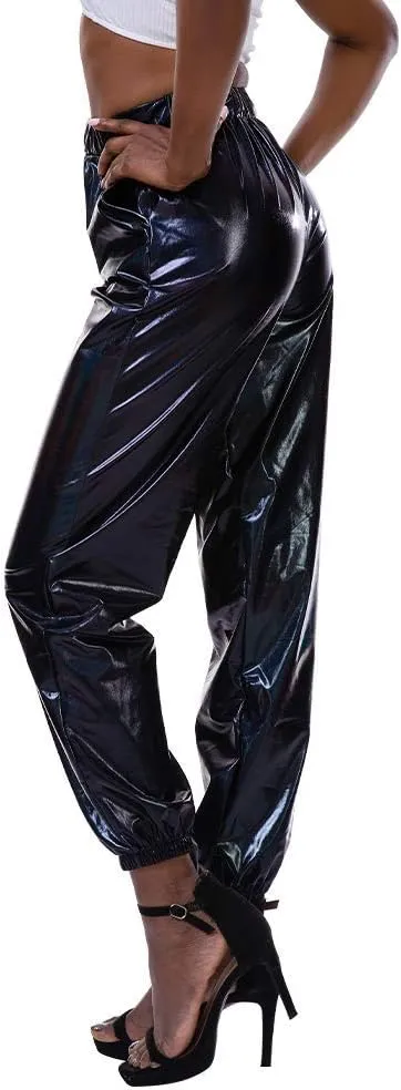 ODIZLI Womens Shiny Metallic High Waist Stretchy Jogger Pants Holographic Hip Hop Club Wear Streetwear