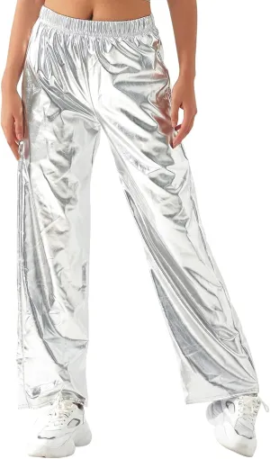 ODIZLI Womens Shiny Metallic High Waist Stretchy Jogger Pants Holographic Hip Hop Club Wear Streetwear