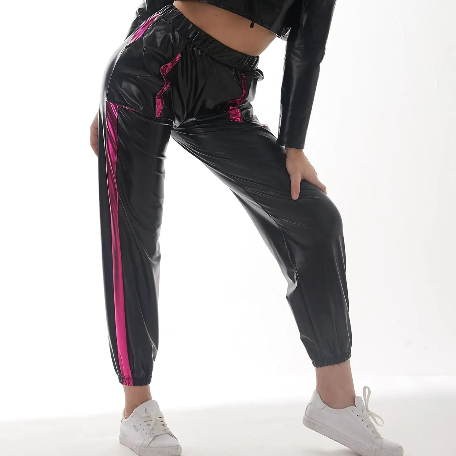 ODIZLI Womens Shiny Metallic High Waist Stretchy Jogger Pants Holographic Hip Hop Club Wear Streetwear