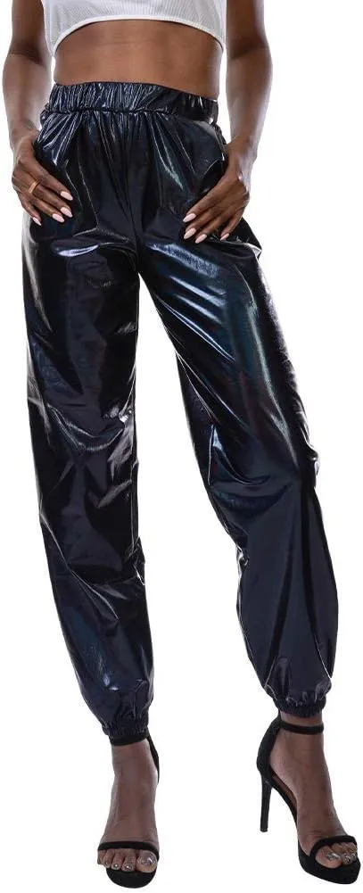 ODIZLI Womens Shiny Metallic High Waist Stretchy Jogger Pants Holographic Hip Hop Club Wear Streetwear