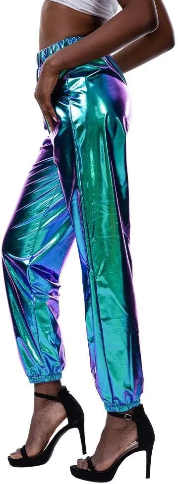 ODIZLI Womens Shiny Metallic High Waist Stretchy Jogger Pants Holographic Hip Hop Club Wear Streetwear