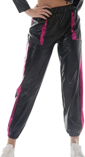ODIZLI Womens Shiny Metallic High Waist Stretchy Jogger Pants Holographic Hip Hop Club Wear Streetwear