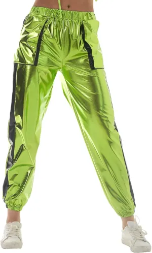ODIZLI Womens Shiny Metallic High Waist Stretchy Jogger Pants Holographic Hip Hop Club Wear Streetwear