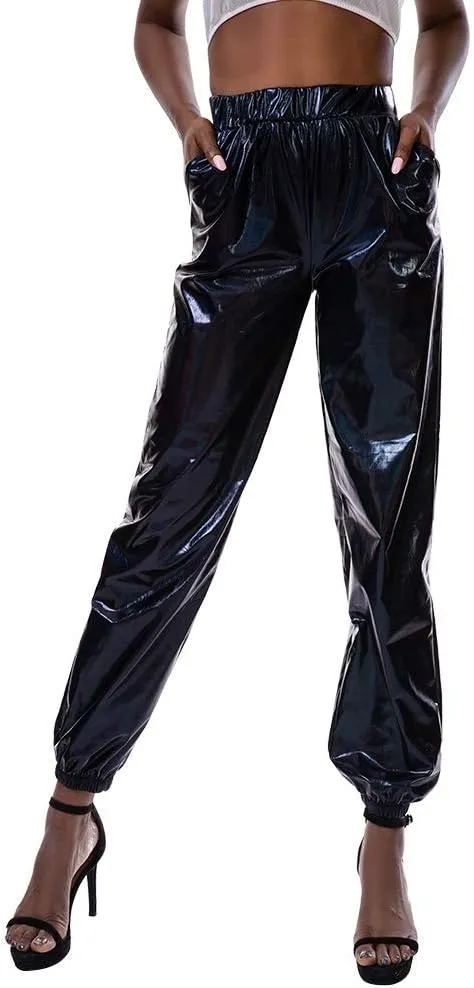ODIZLI Womens Shiny Metallic High Waist Stretchy Jogger Pants Holographic Hip Hop Club Wear Streetwear
