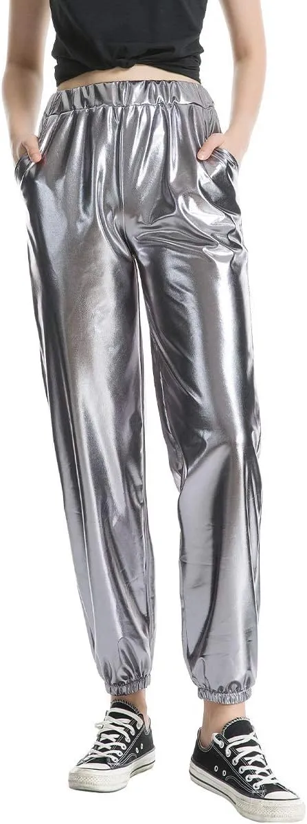 ODIZLI Womens Shiny Metallic High Waist Stretchy Jogger Pants Holographic Hip Hop Club Wear Streetwear