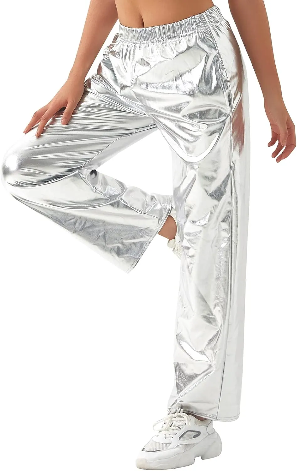 ODIZLI Womens Shiny Metallic High Waist Stretchy Jogger Pants Holographic Hip Hop Club Wear Streetwear