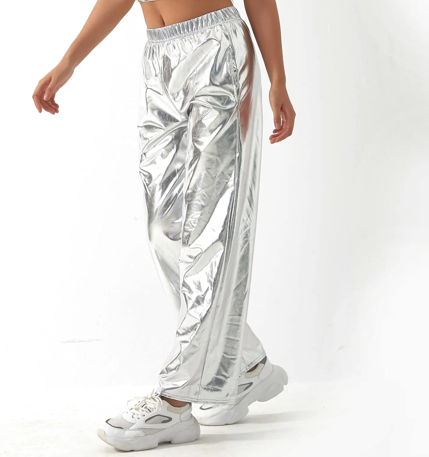 ODIZLI Womens Shiny Metallic High Waist Stretchy Jogger Pants Holographic Hip Hop Club Wear Streetwear