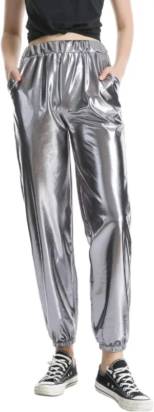 ODIZLI Womens Shiny Metallic High Waist Stretchy Jogger Pants Holographic Hip Hop Club Wear Streetwear