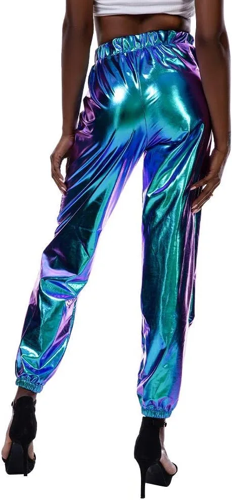ODIZLI Womens Shiny Metallic High Waist Stretchy Jogger Pants Holographic Hip Hop Club Wear Streetwear