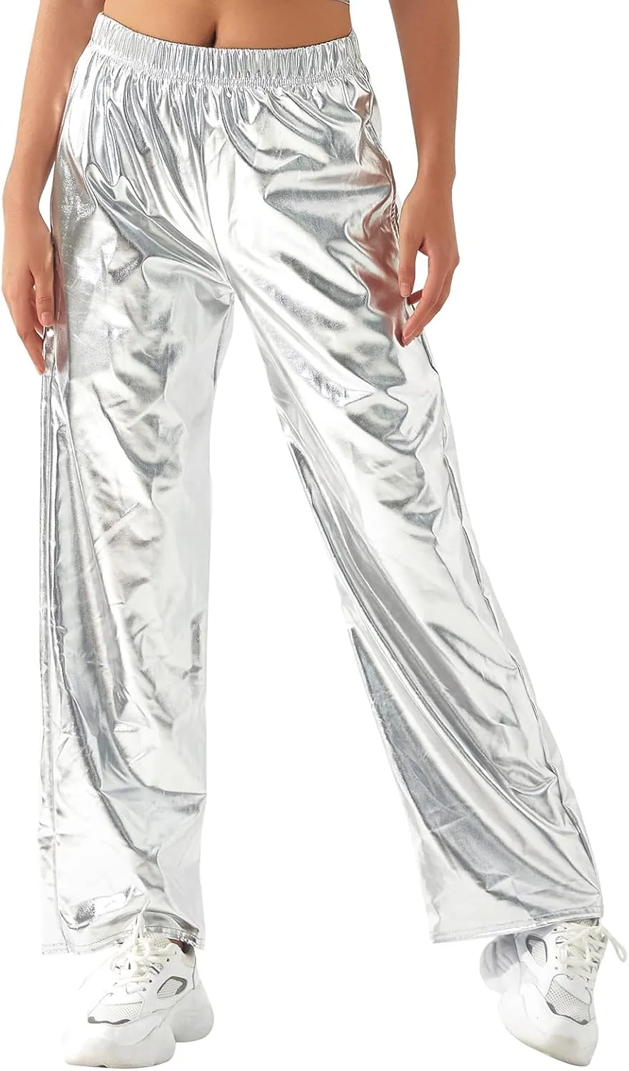 ODIZLI Womens Shiny Metallic High Waist Stretchy Jogger Pants Holographic Hip Hop Club Wear Streetwear
