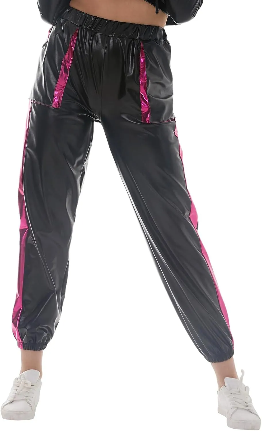 ODIZLI Womens Shiny Metallic High Waist Stretchy Jogger Pants Holographic Hip Hop Club Wear Streetwear