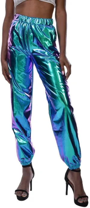 ODIZLI Womens Shiny Metallic High Waist Stretchy Jogger Pants Holographic Hip Hop Club Wear Streetwear