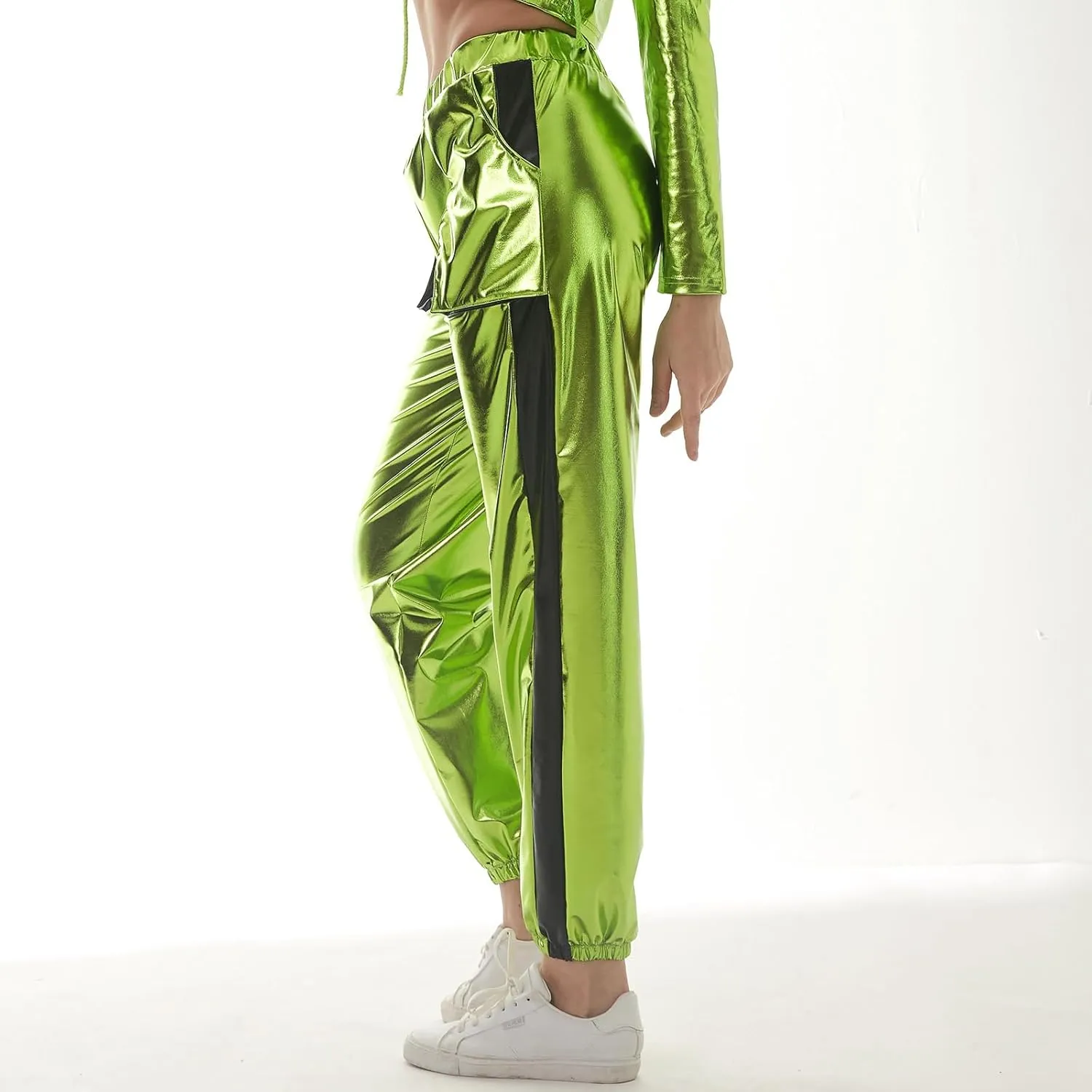 ODIZLI Womens Shiny Metallic High Waist Stretchy Jogger Pants Holographic Hip Hop Club Wear Streetwear