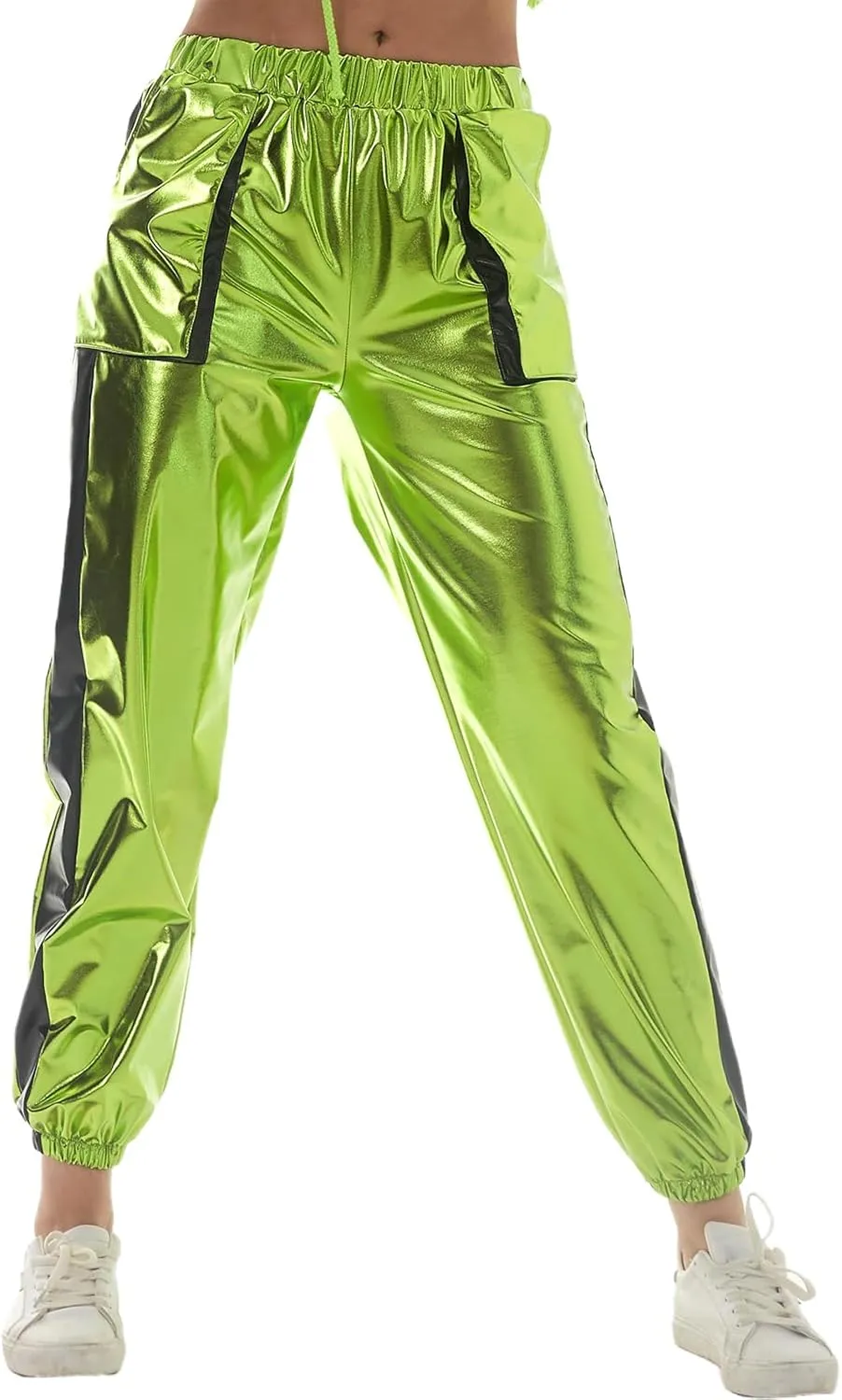 ODIZLI Womens Shiny Metallic High Waist Stretchy Jogger Pants Holographic Hip Hop Club Wear Streetwear