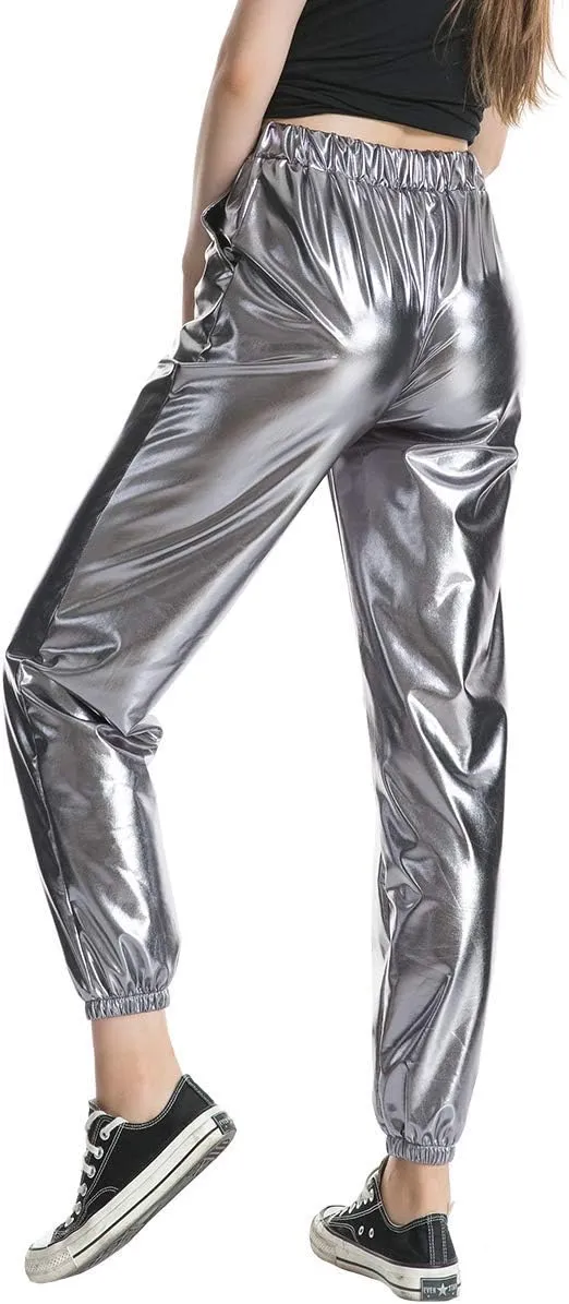 ODIZLI Womens Shiny Metallic High Waist Stretchy Jogger Pants Holographic Hip Hop Club Wear Streetwear