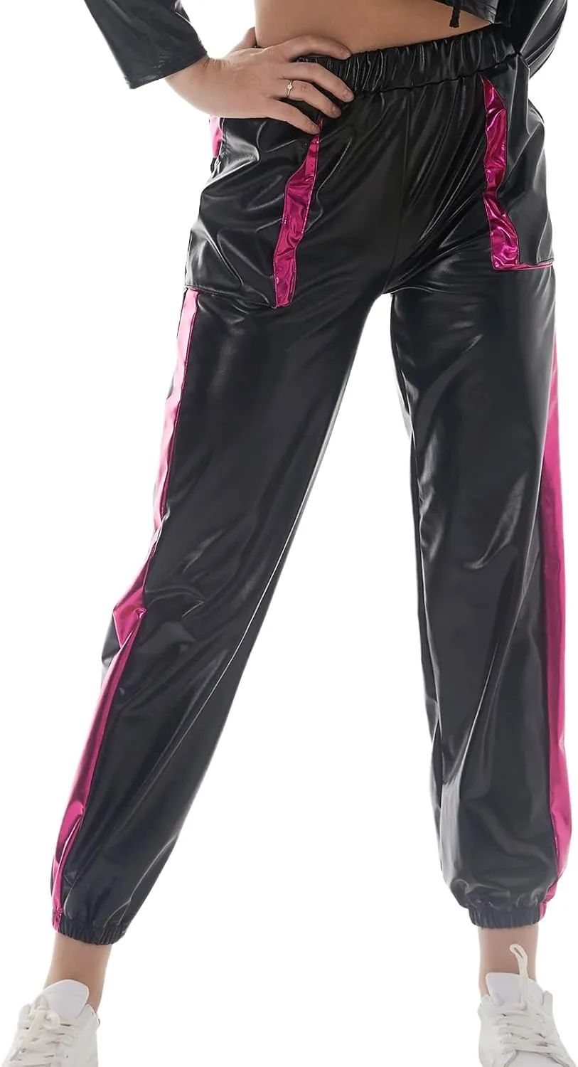 ODIZLI Womens Shiny Metallic High Waist Stretchy Jogger Pants Holographic Hip Hop Club Wear Streetwear