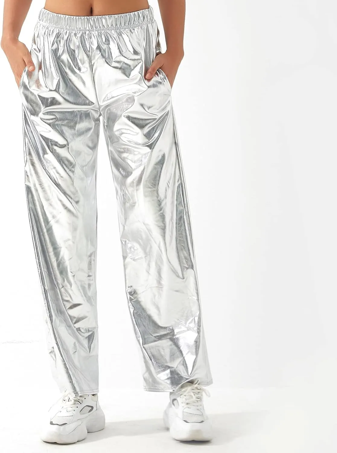 ODIZLI Womens Shiny Metallic High Waist Stretchy Jogger Pants Holographic Hip Hop Club Wear Streetwear