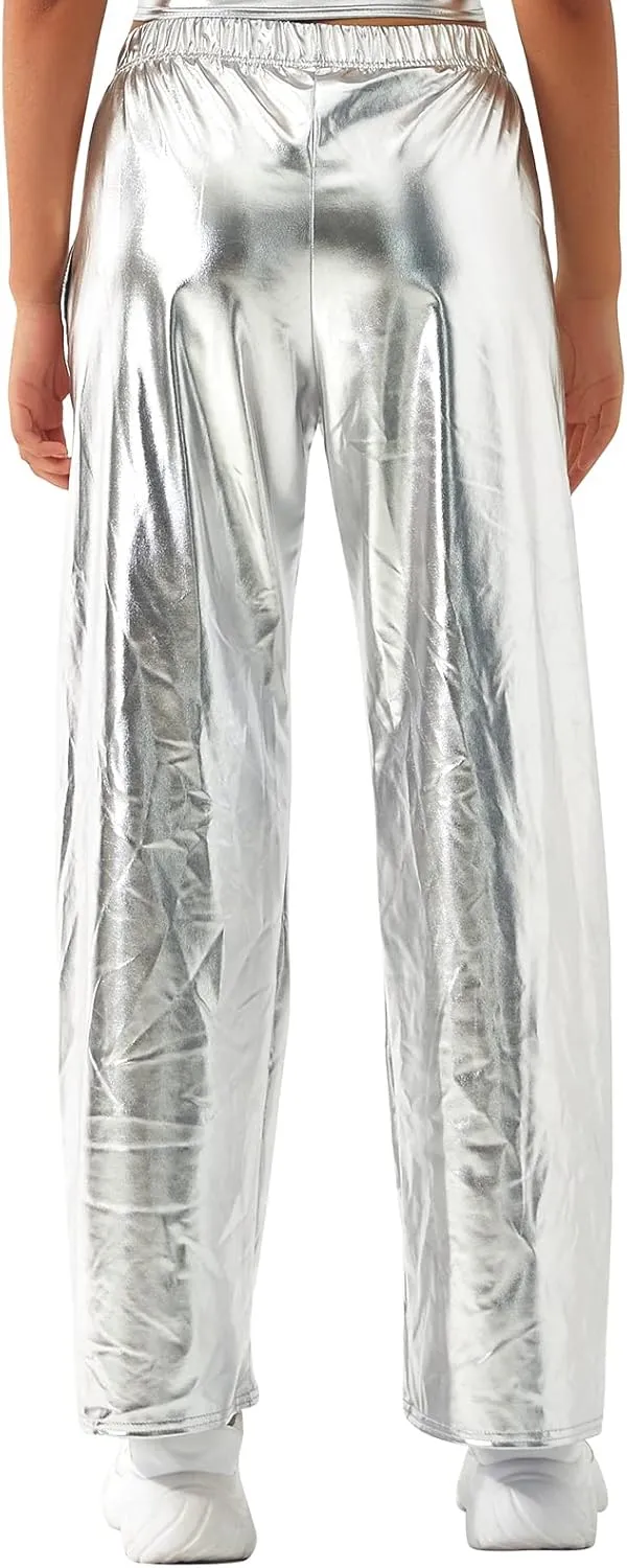 ODIZLI Womens Shiny Metallic High Waist Stretchy Jogger Pants Holographic Hip Hop Club Wear Streetwear