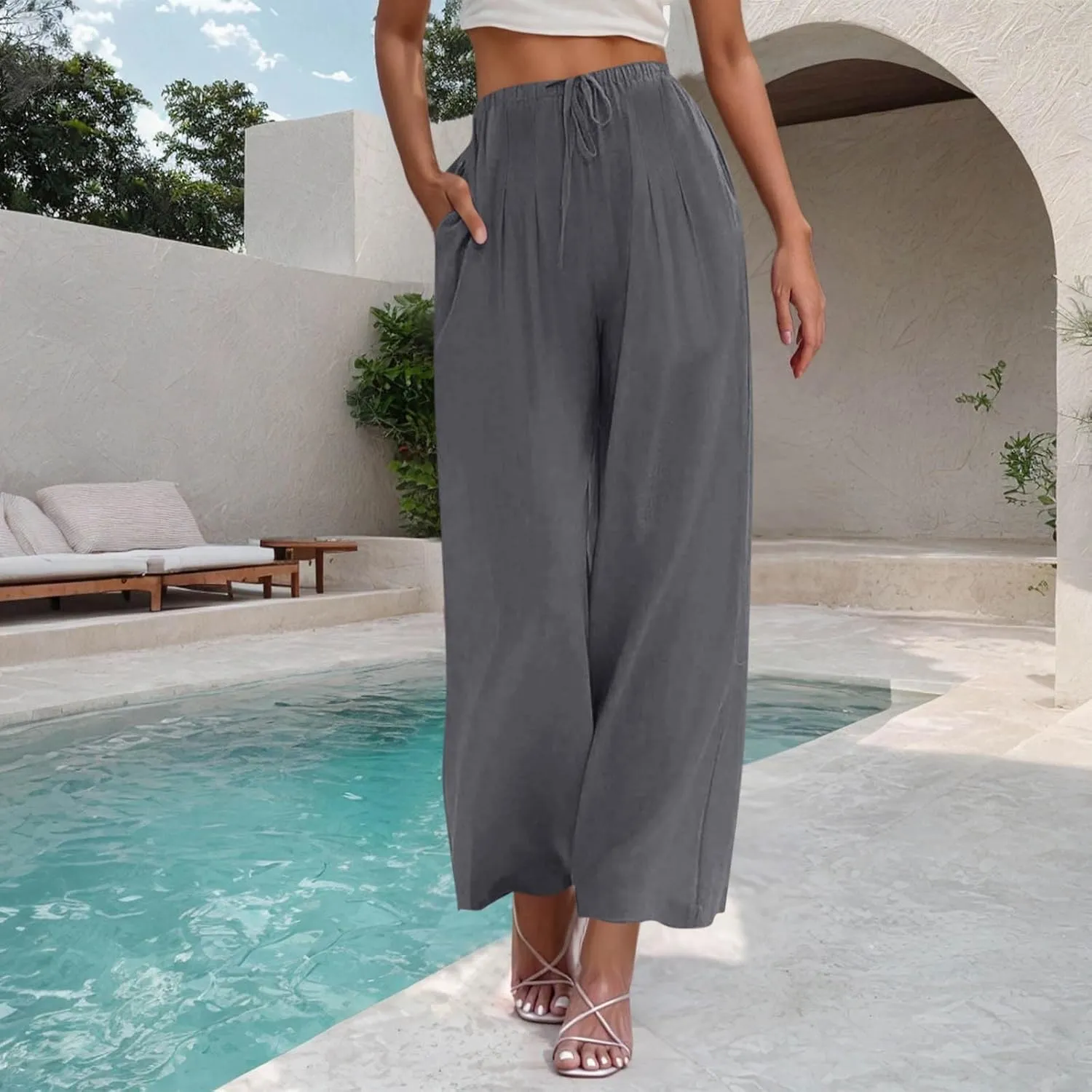 Palazzo Pants for Women Plus Size Wed Leg Palazzo Pants Summer Casual Cotton Linen Lounge Trouser Boho Beach Outfits