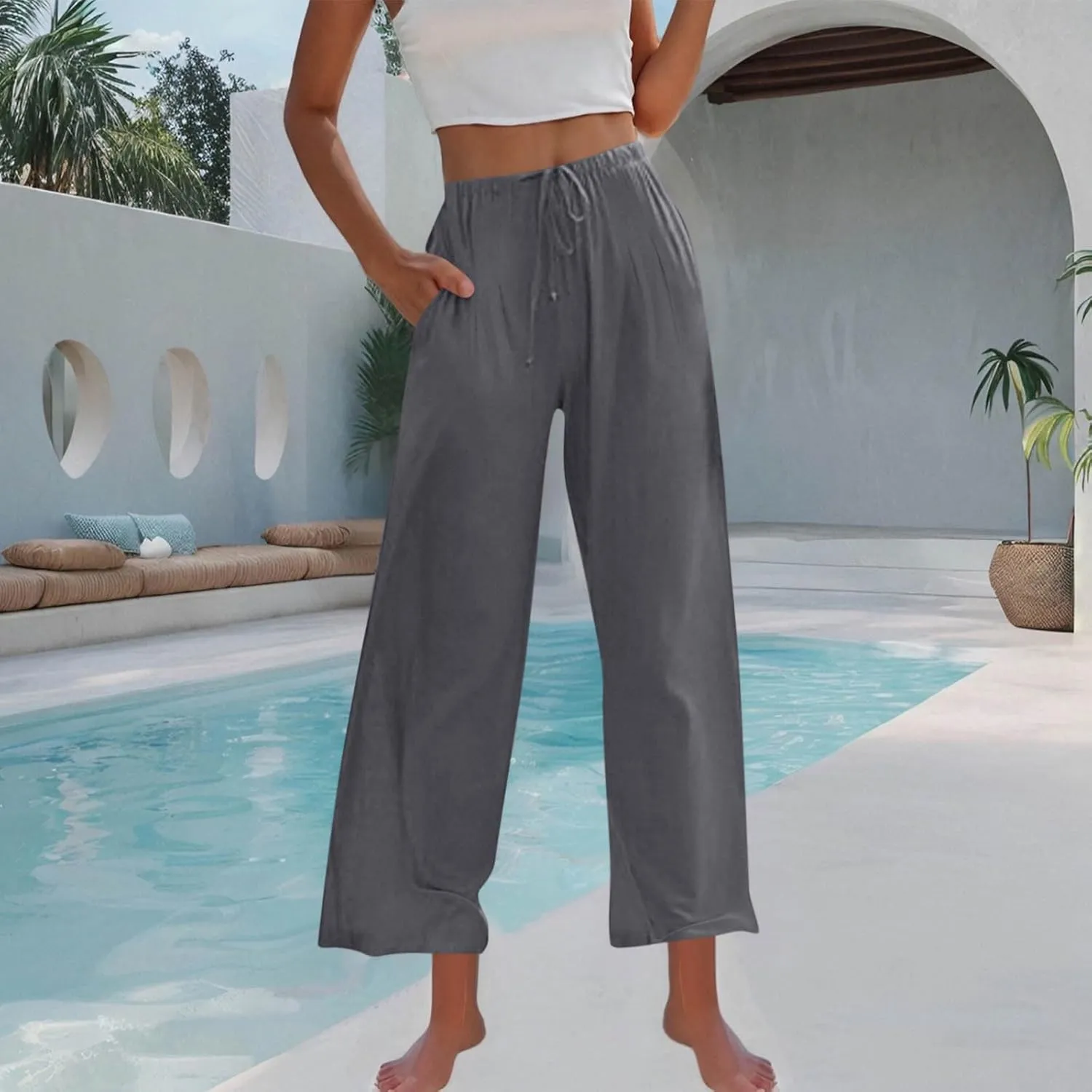 Palazzo Pants for Women Plus Size Wed Leg Palazzo Pants Summer Casual Cotton Linen Lounge Trouser Boho Beach Outfits