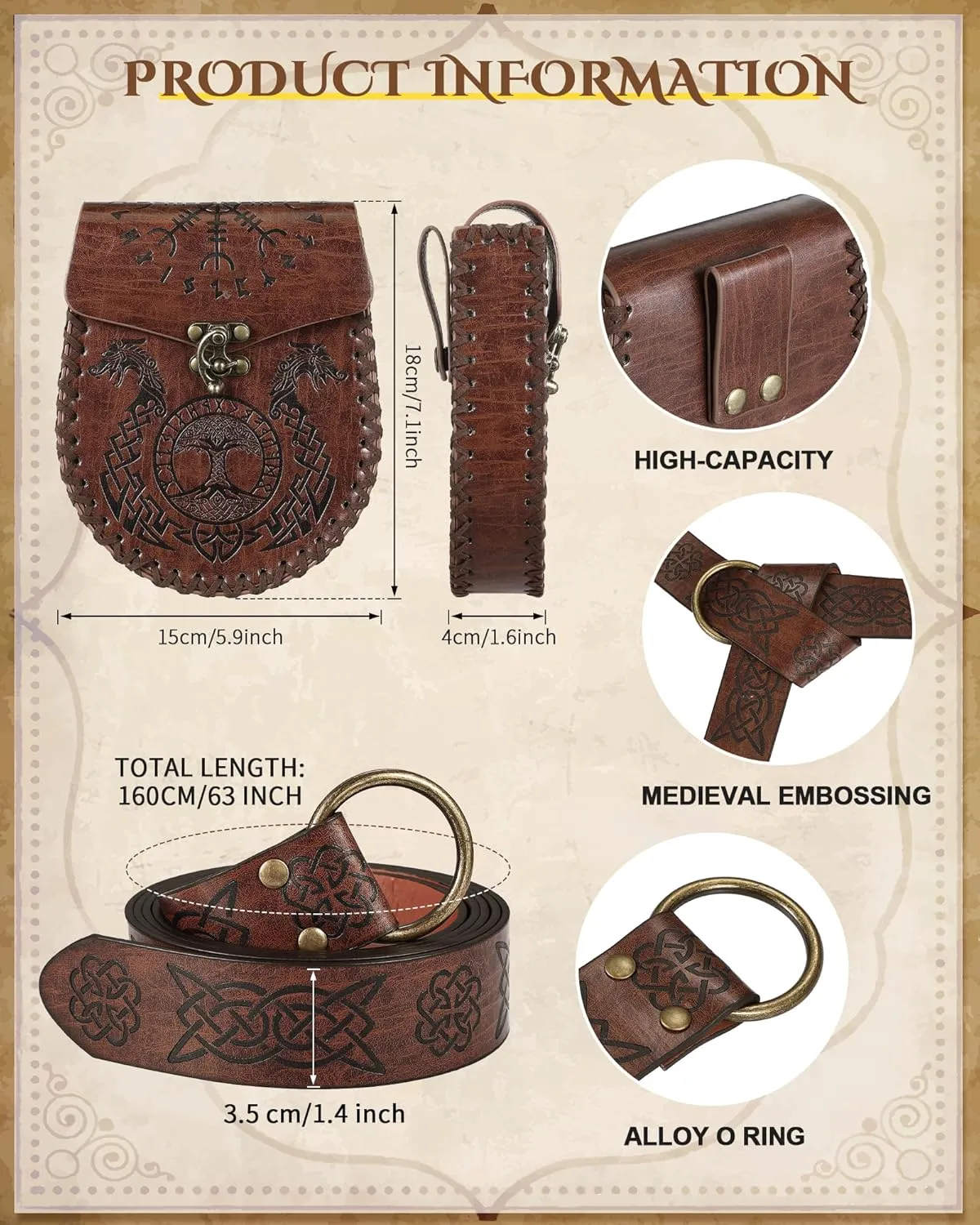 Panitay 4 Pcs Renaissance Accessories Set Includes Medieval Viking Belt PU Leather Belt Pouch Waist Bag Skirt Hikes