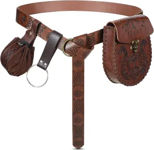 Panitay 4 Pcs Renaissance Accessories Set Includes Medieval Viking Belt PU Leather Belt Pouch Waist Bag Skirt Hikes