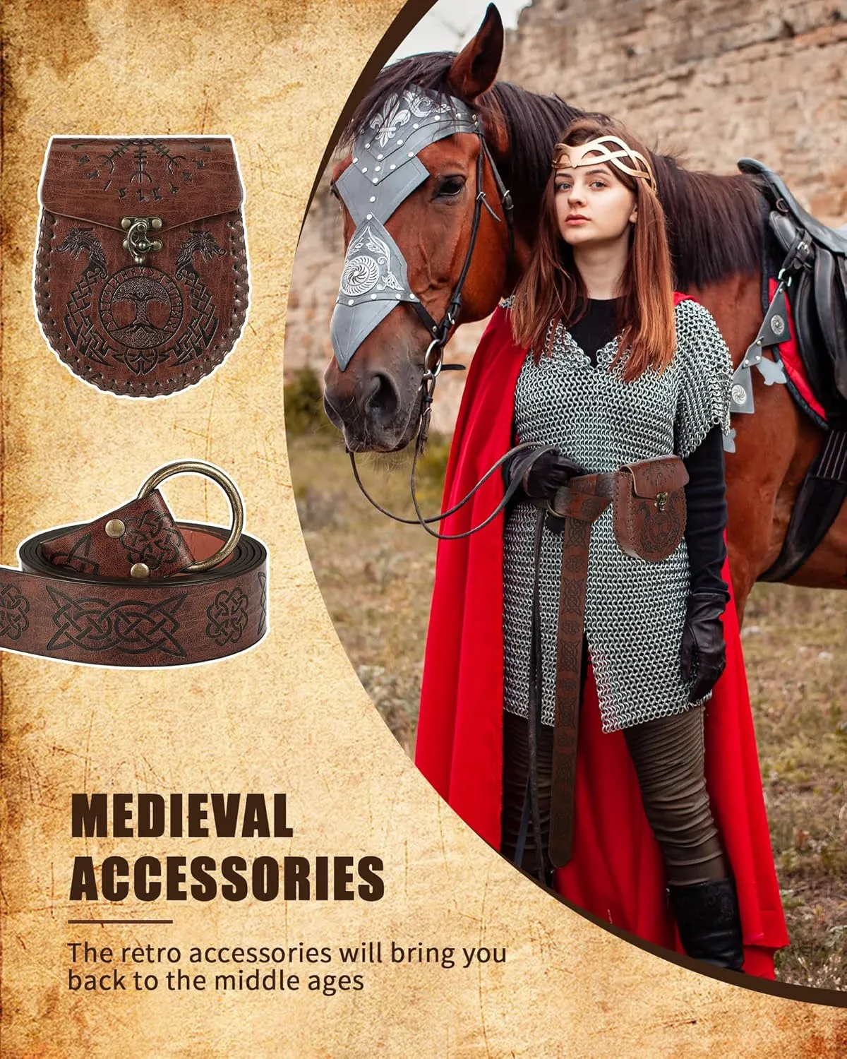 Panitay 4 Pcs Renaissance Accessories Set Includes Medieval Viking Belt PU Leather Belt Pouch Waist Bag Skirt Hikes