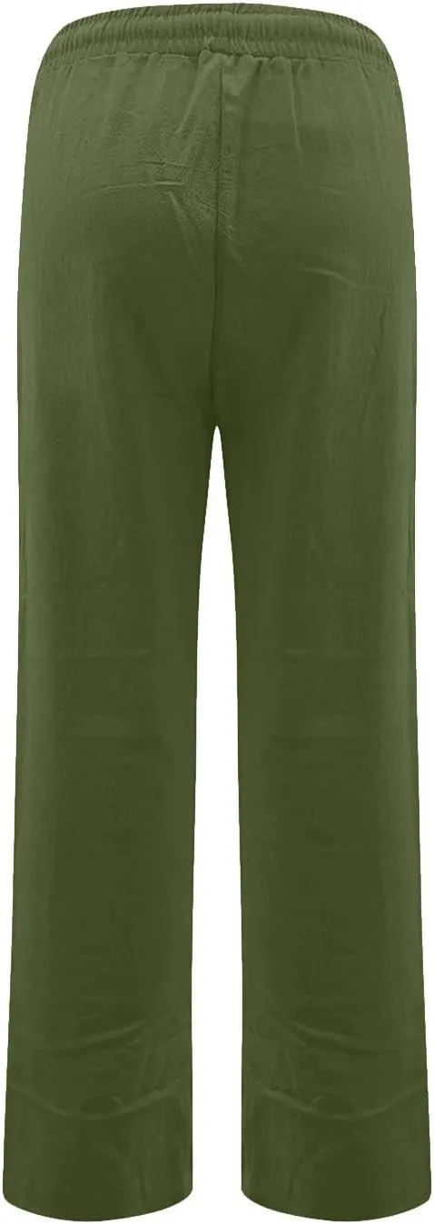 Pants for Women, Cotton Linen High Waisted Pants Straight Leg Wide Smocked
