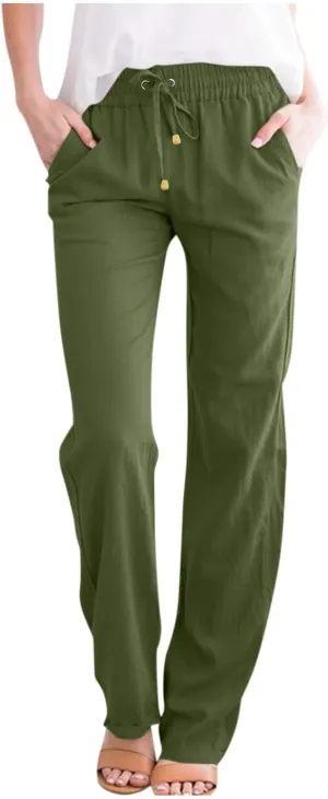 Pants for Women, Cotton Linen High Waisted Pants Straight Leg Wide Smocked