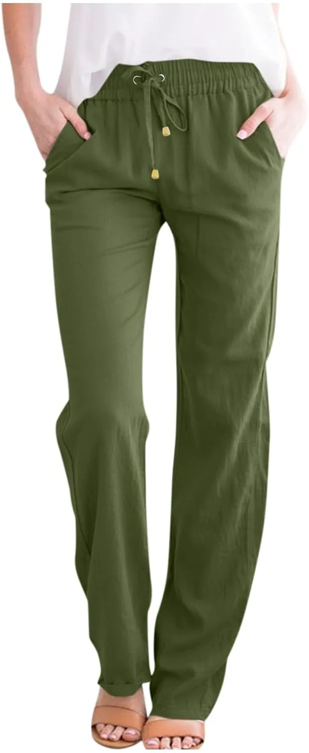 Pants for Women, Cotton Linen High Waisted Pants Straight Leg Wide Smocked