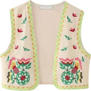 PAODIKUAI Women's Vintage Floral Embroidered Vest Boho Casual Open Front Y2k Sleeveless Cardigan Waistcoat