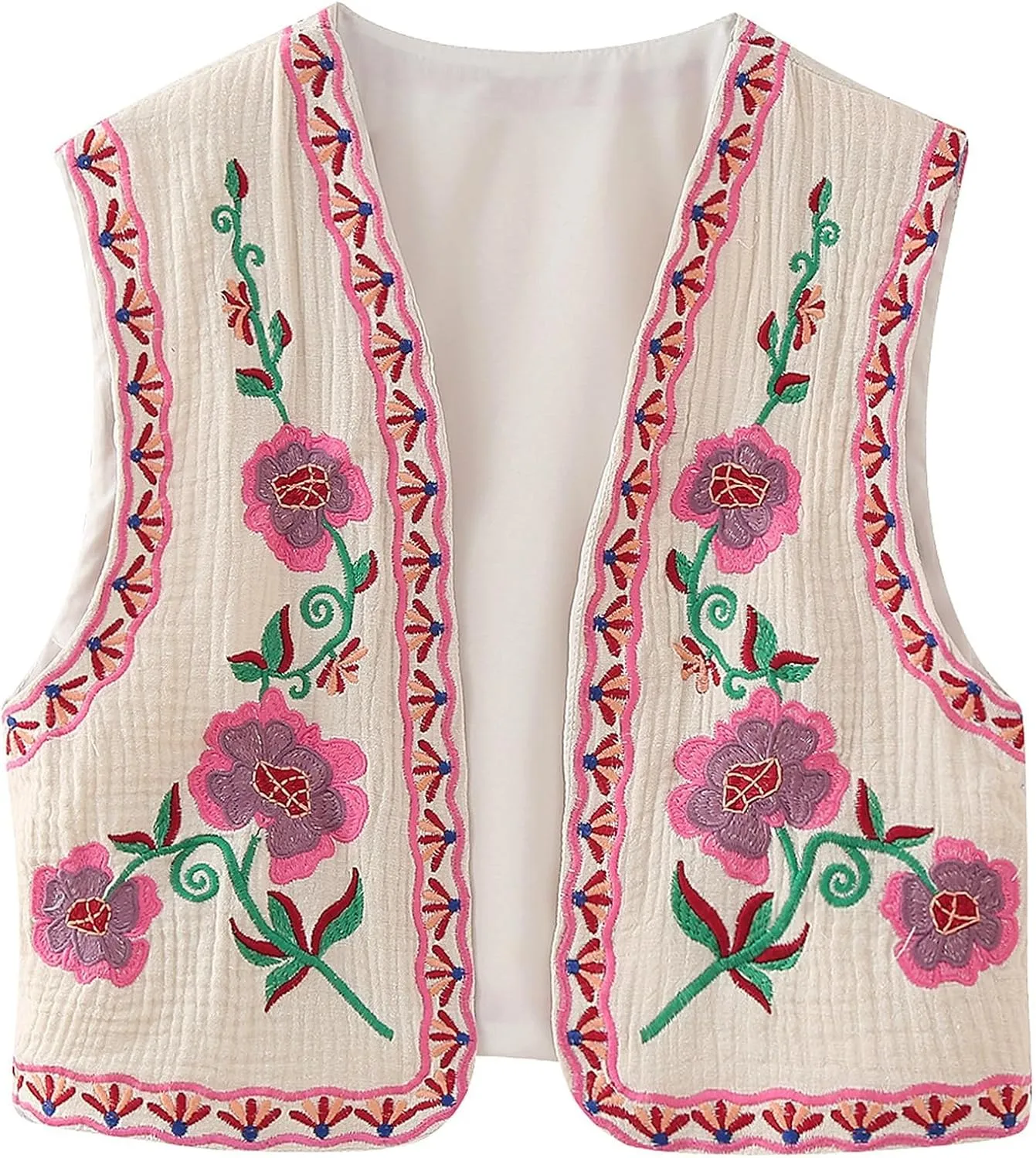 PAODIKUAI Women's Vintage Floral Embroidered Vest Boho Casual Open Front Y2k Sleeveless Cardigan Waistcoat