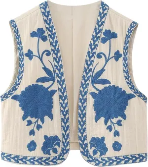 PAODIKUAI Women's Vintage Floral Embroidered Vest Boho Casual Open Front Y2k Sleeveless Cardigan Waistcoat