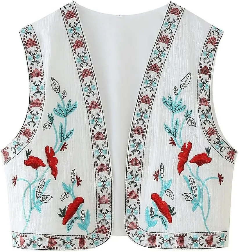 PAODIKUAI Women's Vintage Floral Embroidered Vest Boho Casual Open Front Y2k Sleeveless Cardigan Waistcoat