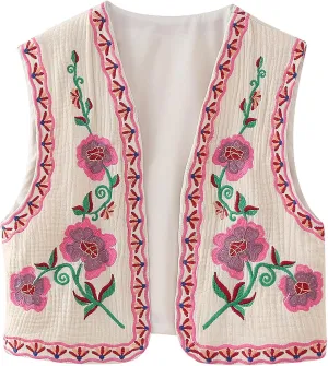 PAODIKUAI Women's Vintage Floral Embroidered Vest Boho Casual Open Front Y2k Sleeveless Cardigan Waistcoat