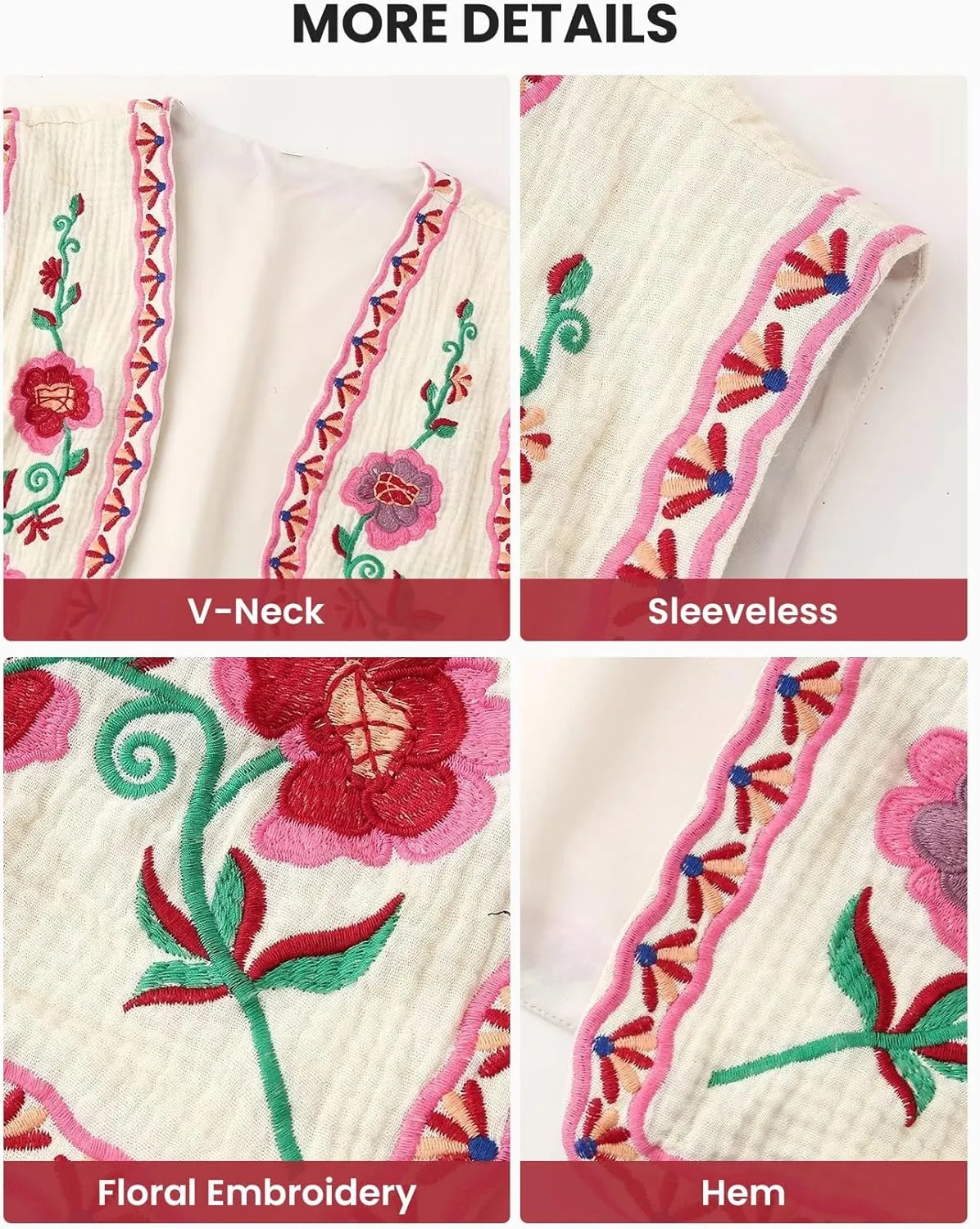 PAODIKUAI Women's Vintage Floral Embroidered Vest Boho Casual Open Front Y2k Sleeveless Cardigan Waistcoat