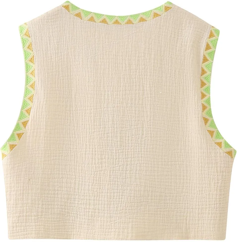 PAODIKUAI Women's Vintage Floral Embroidered Vest Boho Casual Open Front Y2k Sleeveless Cardigan Waistcoat