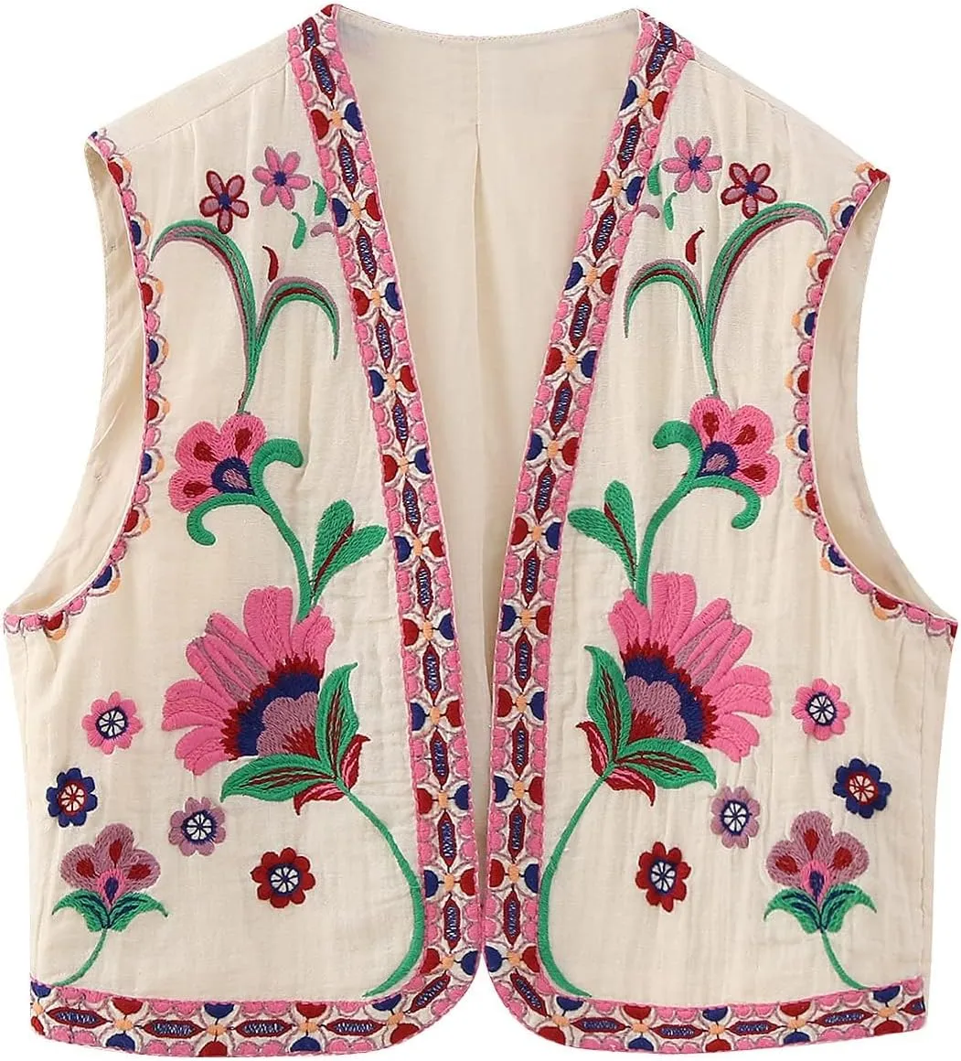 PAODIKUAI Women's Vintage Floral Embroidered Vest Boho Casual Open Front Y2k Sleeveless Cardigan Waistcoat
