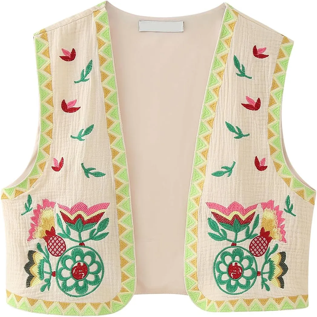 PAODIKUAI Women's Vintage Floral Embroidered Vest Boho Casual Open Front Y2k Sleeveless Cardigan Waistcoat