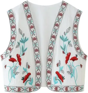 PAODIKUAI Women's Vintage Floral Embroidered Vest Boho Casual Open Front Y2k Sleeveless Cardigan Waistcoat