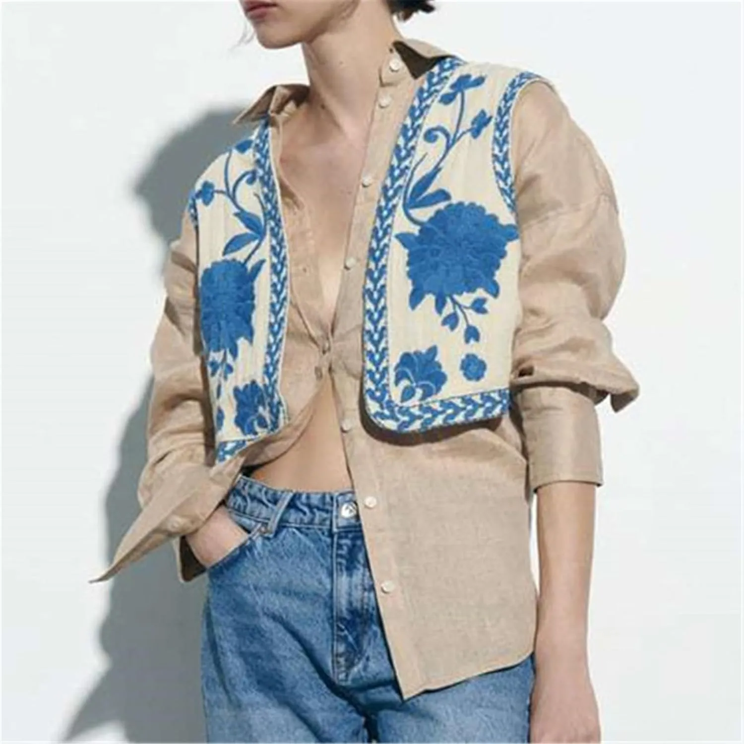 PAODIKUAI Women's Vintage Floral Embroidered Vest Boho Casual Open Front Y2k Sleeveless Cardigan Waistcoat