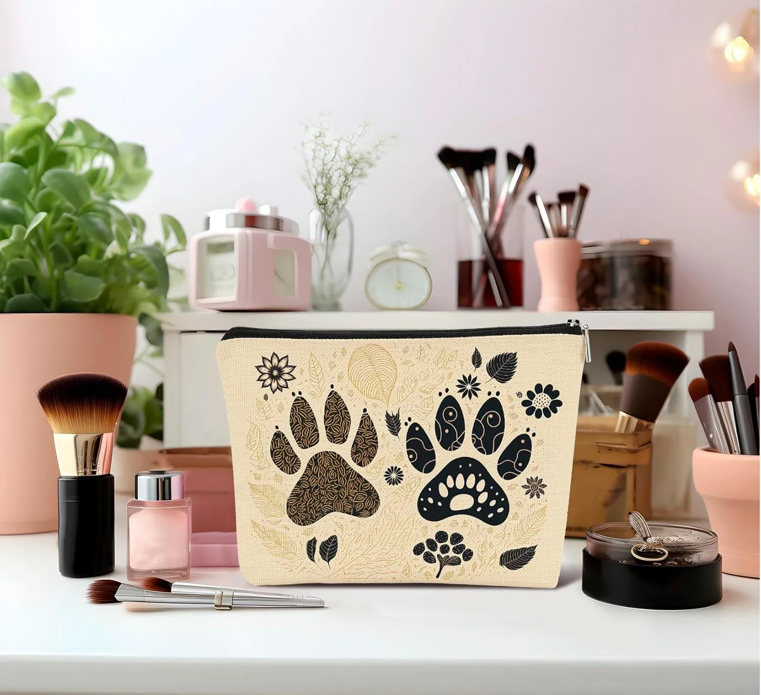 Paw Prints Makeup Bag, Animal Lover Gifts for Women, Floral Claw Cosmetic Bag Zipper Pouch for Women, Pet Lover Gifts, Pet Owner Gifts for Women Makeup Pouch