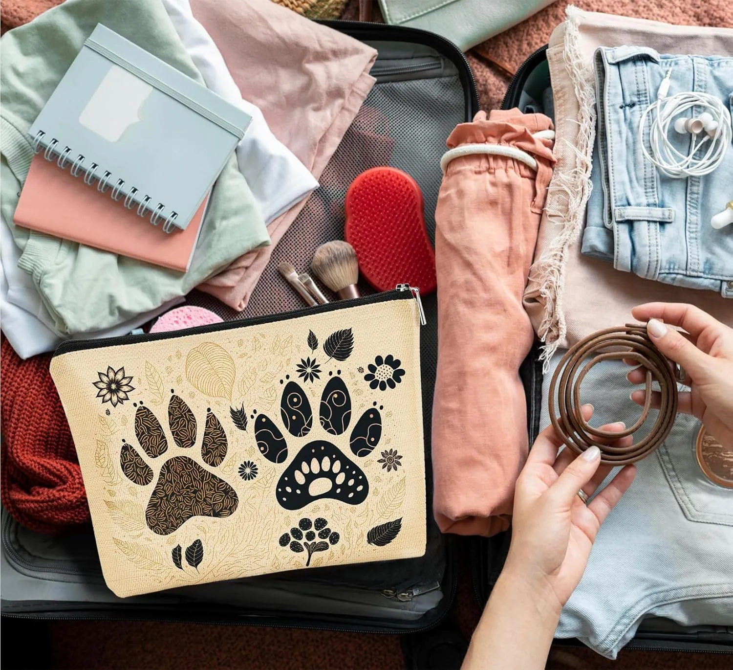 Paw Prints Makeup Bag, Animal Lover Gifts for Women, Floral Claw Cosmetic Bag Zipper Pouch for Women, Pet Lover Gifts, Pet Owner Gifts for Women Makeup Pouch