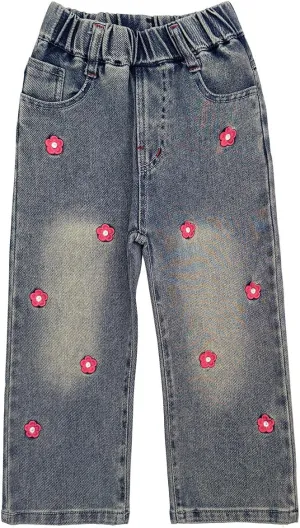 Peacolate 2-8Years Little Girls Spring Autumn Winter Black Embroidered Jeans Pants for Kid