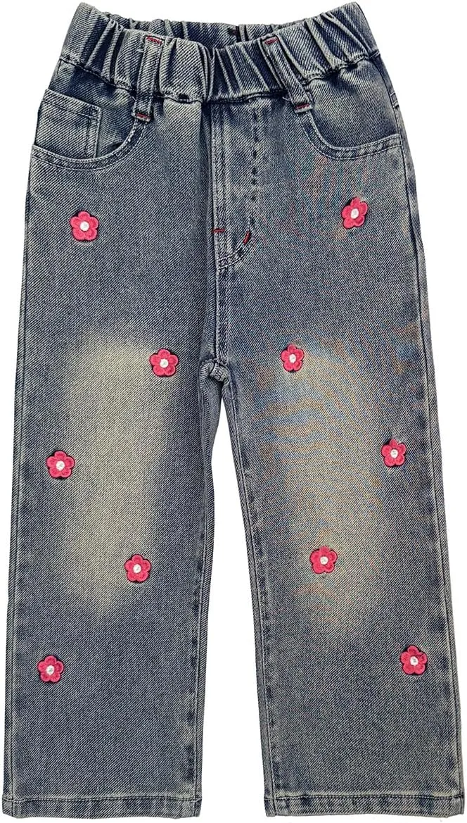 Peacolate 2-8Years Little Girls Spring Autumn Winter Black Embroidered Jeans Pants for Kid