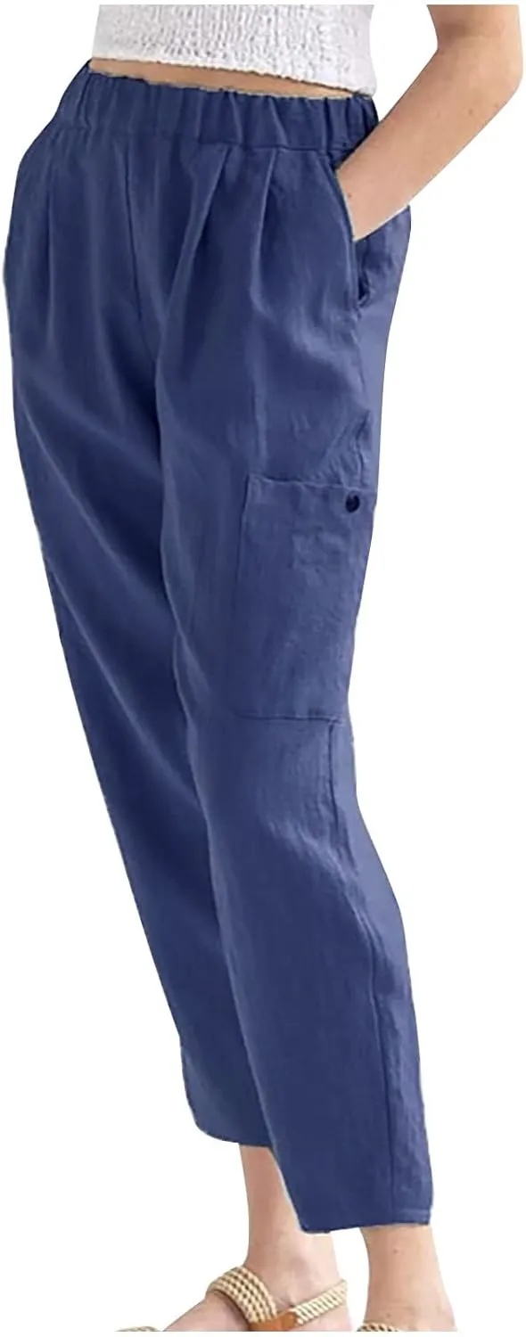 Petite Cotton Linen Cropped Pants for Women Casual Summer Loose Fit Stretch Waist Trousers Lightweight Pajamas Slacks