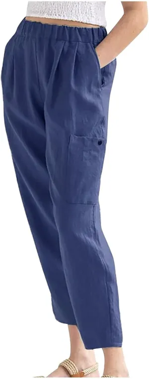 Petite Cotton Linen Cropped Pants for Women Casual Summer Loose Fit Stretch Waist Trousers Lightweight Pajamas Slacks