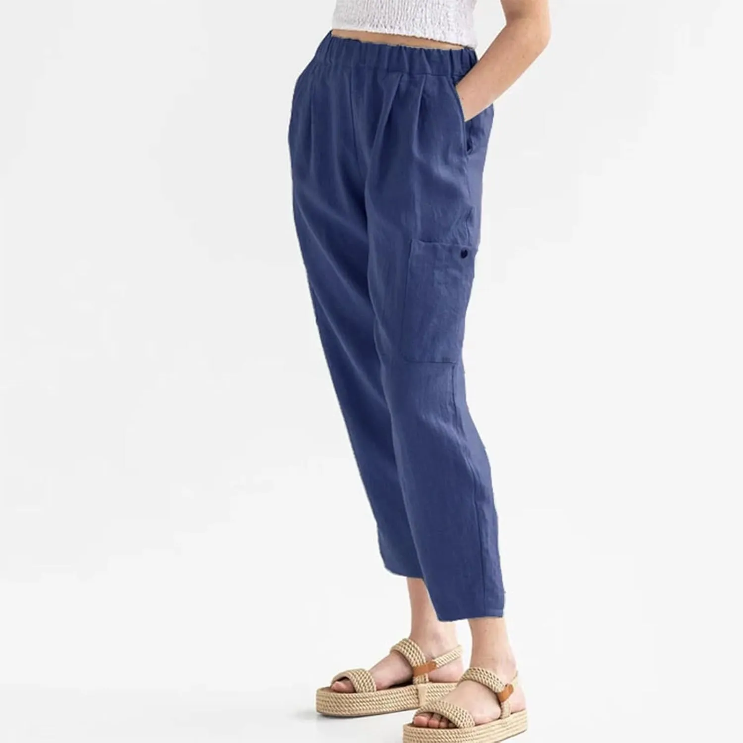 Petite Cotton Linen Cropped Pants for Women Casual Summer Loose Fit Stretch Waist Trousers Lightweight Pajamas Slacks