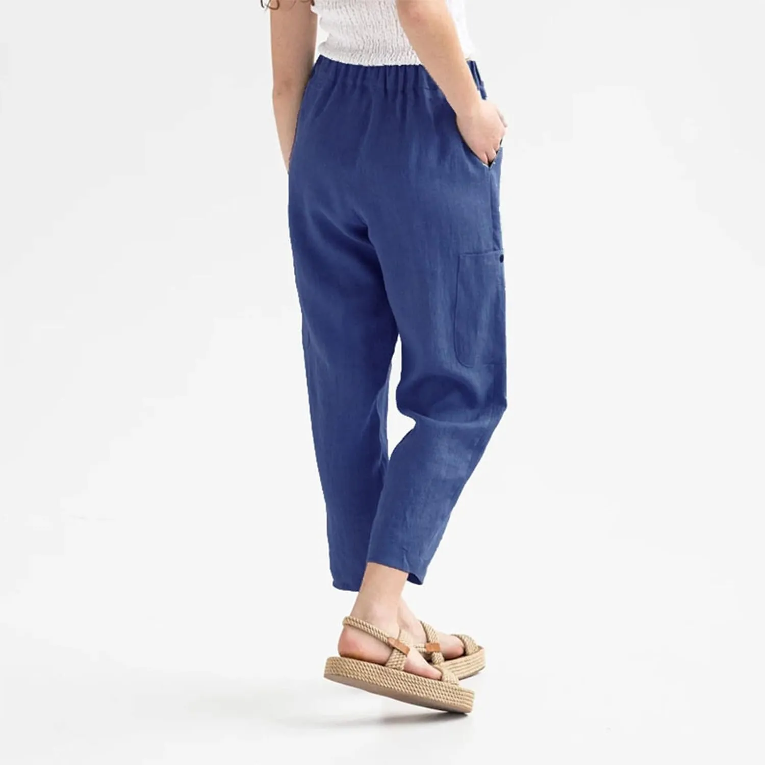 Petite Cotton Linen Cropped Pants for Women Casual Summer Loose Fit Stretch Waist Trousers Lightweight Pajamas Slacks