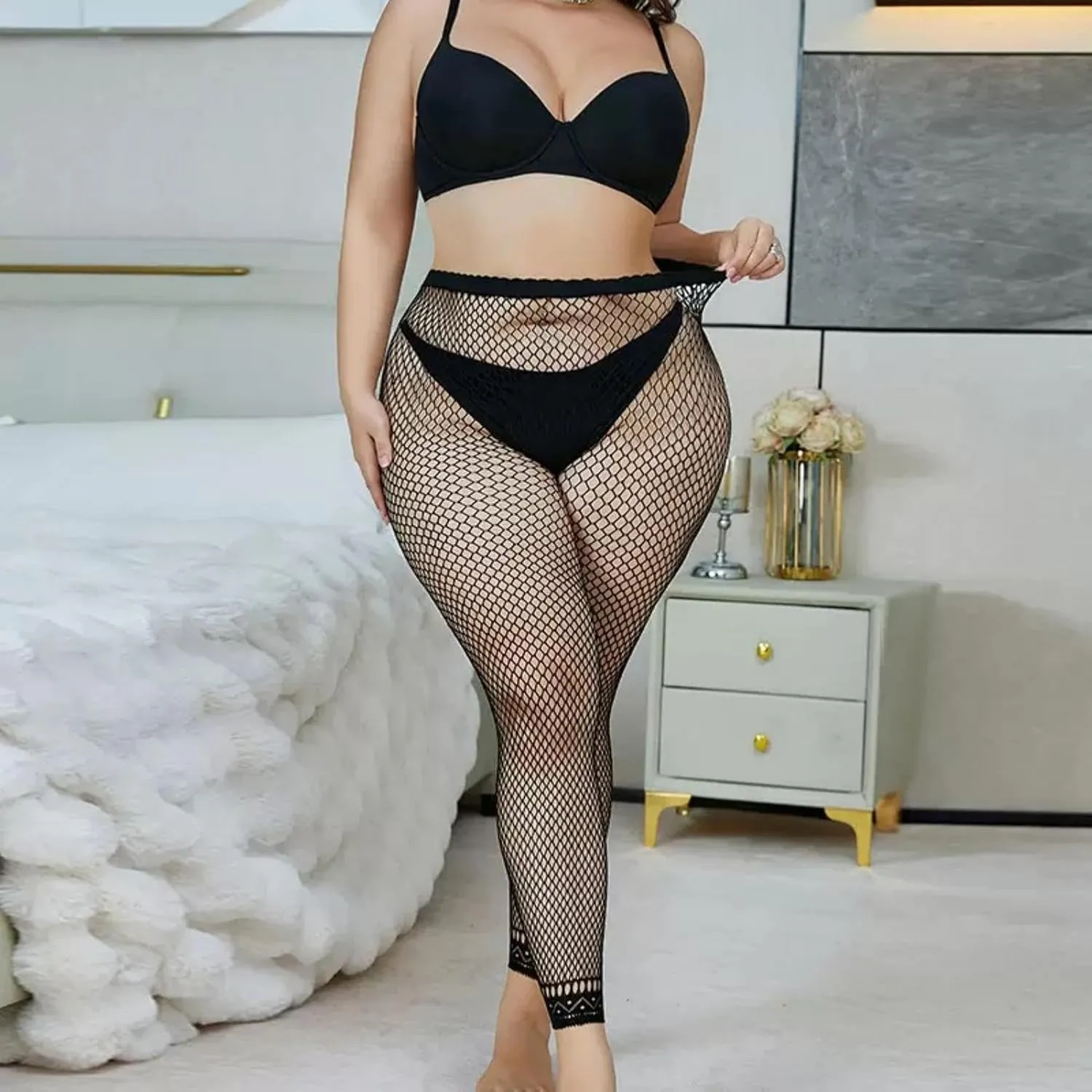Phedrew Women's Plus Size Fishnet Stockings 3 Pairs High Waist Stretchy Footless Tights
